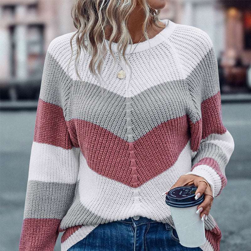 Casual crew neck knitted sweater for women's with stripes