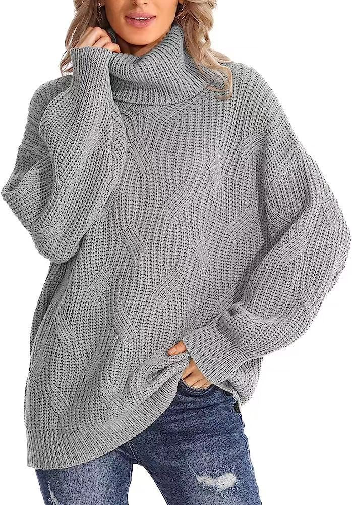 Women's loose high-collar twisted knitted sweater pullover with long sleeves