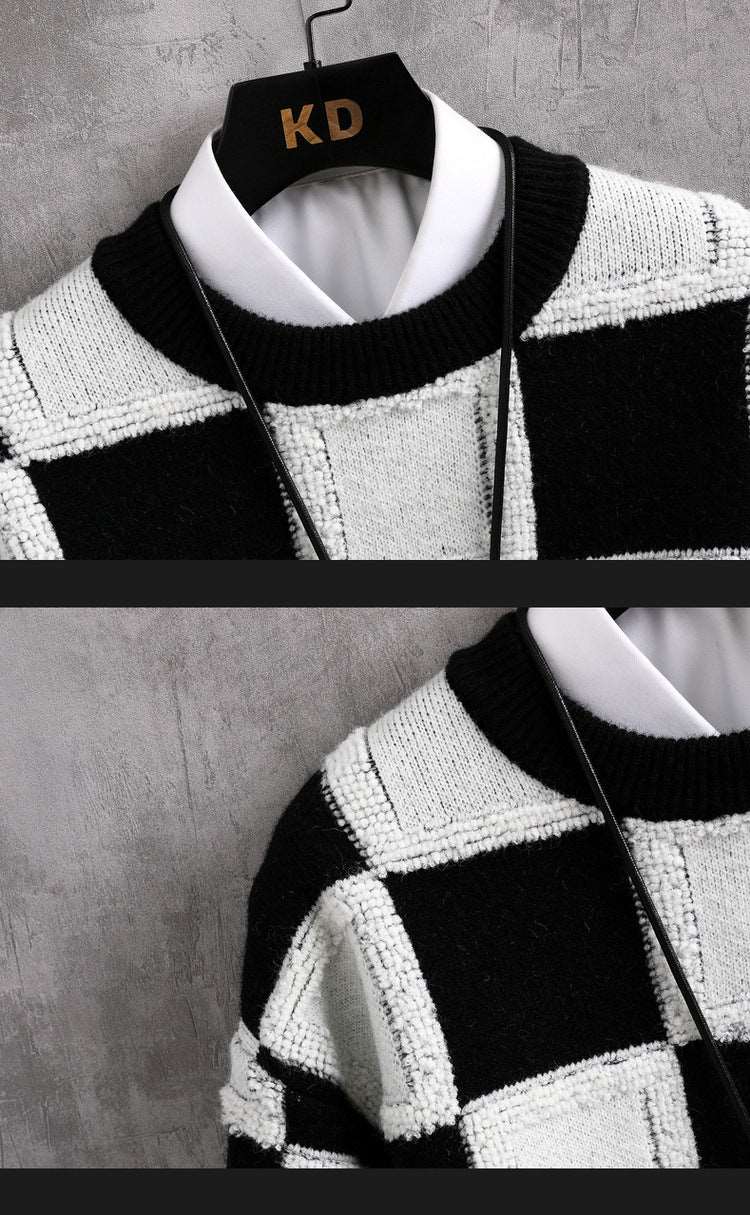 "Men's trendy loose plaid round neck sweater."