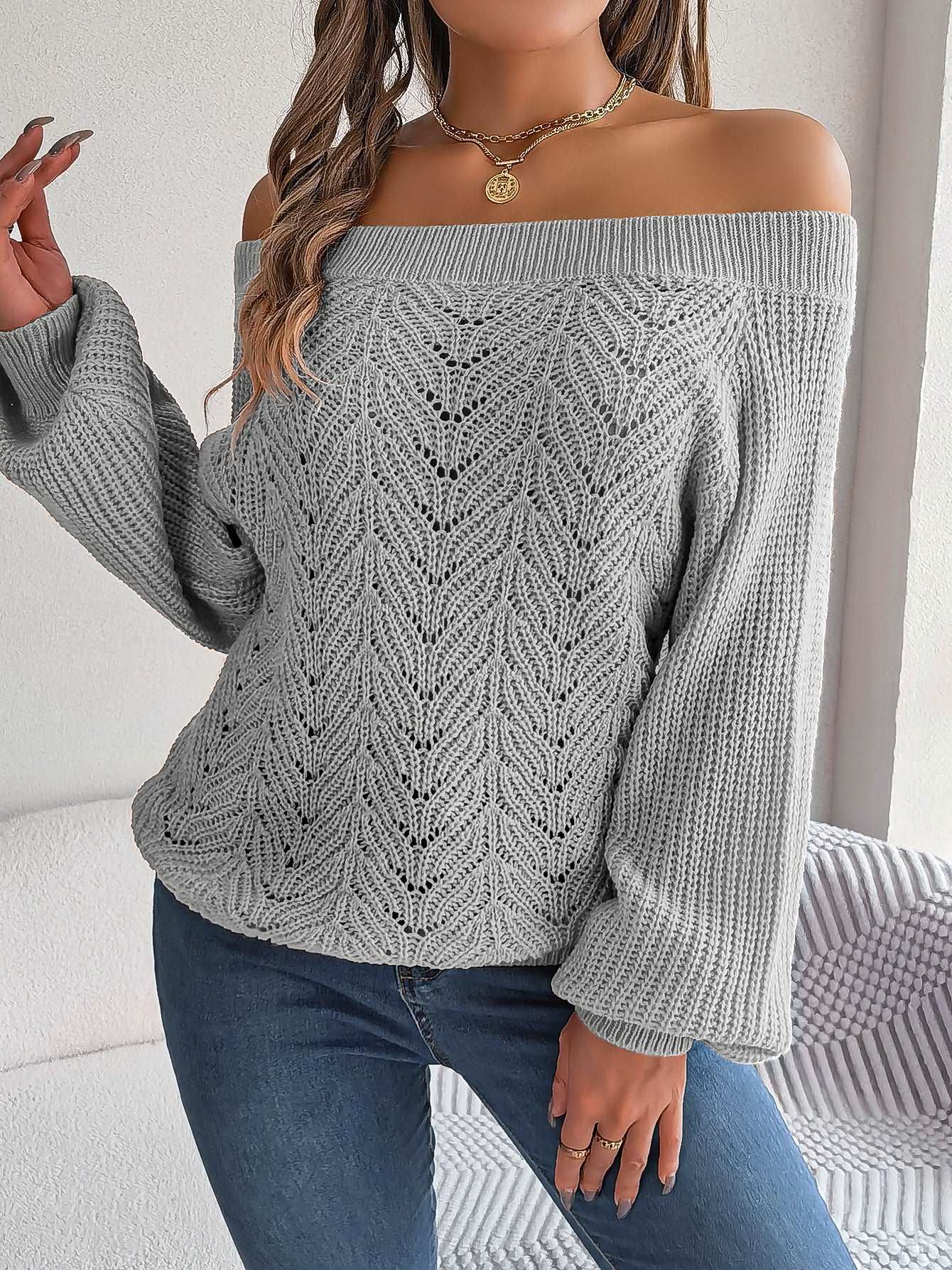 Leisure women's sweater with solid colour, off-neck, hollow-out, off-the-shoulder design, and lantern sleeves