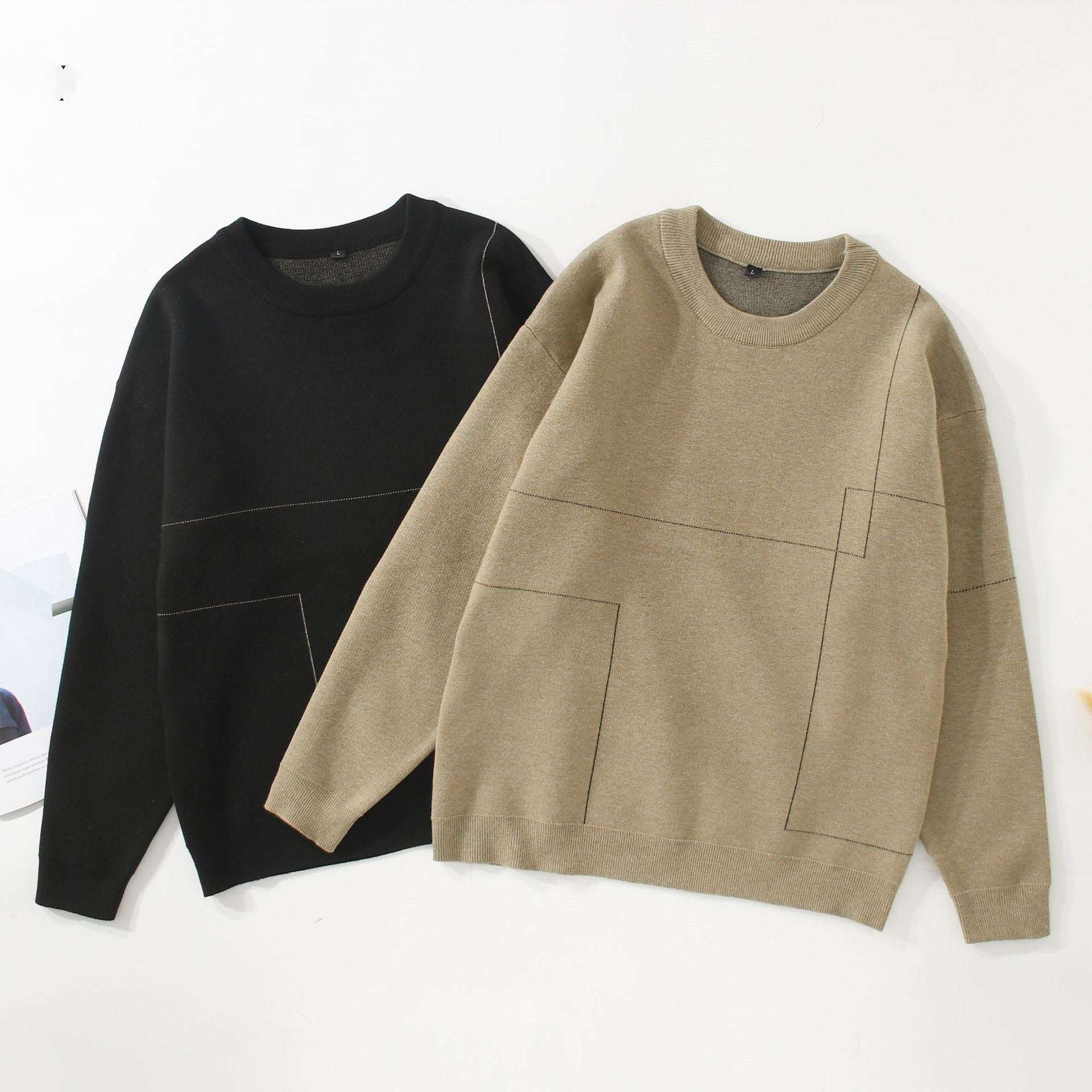 "Men's round neck long sleeve sweater featuring irregular lines, a fashion-forward choice."