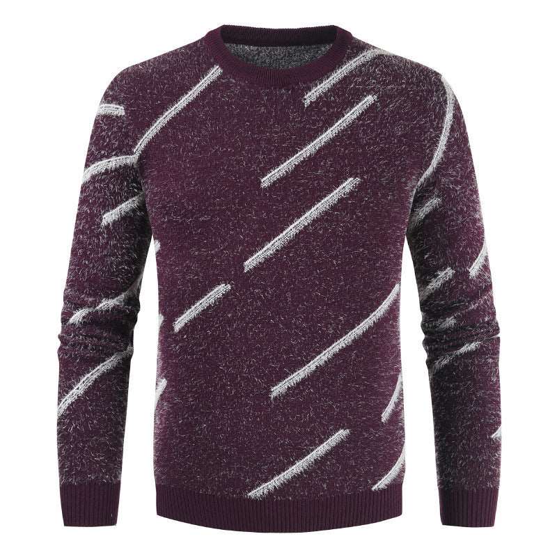 Men's slim-fit mohair sweater with a round neck and parallel lines pattern