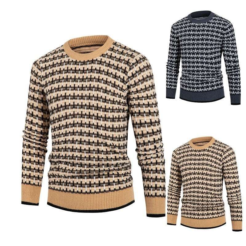 "Men's round neck pullover sweater top in solid plaid."