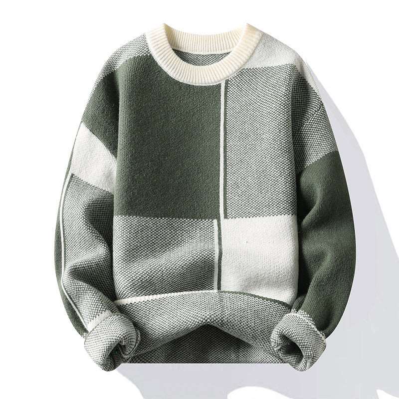 Men's thickened knitted sweater with a round neck, square pattern, and long sleeves