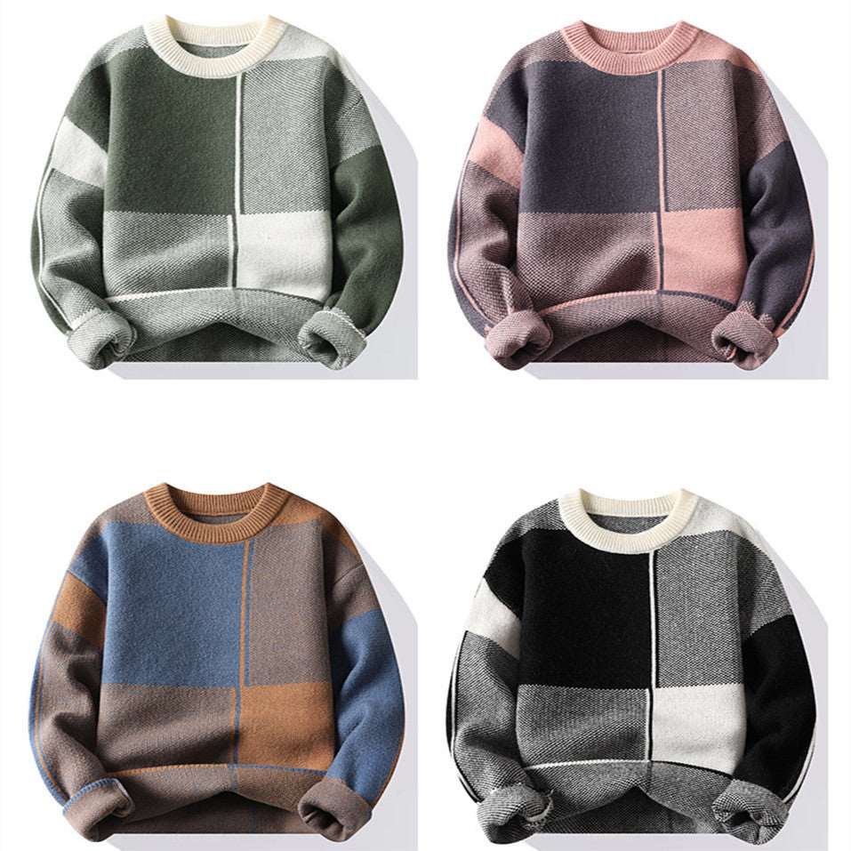 "Men's round neck thickened sweater with geometric, long sleeves, knitted."