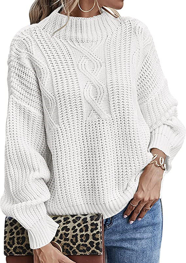 Women's slim twisted knit sweater with long sleeves and a round mid-collar