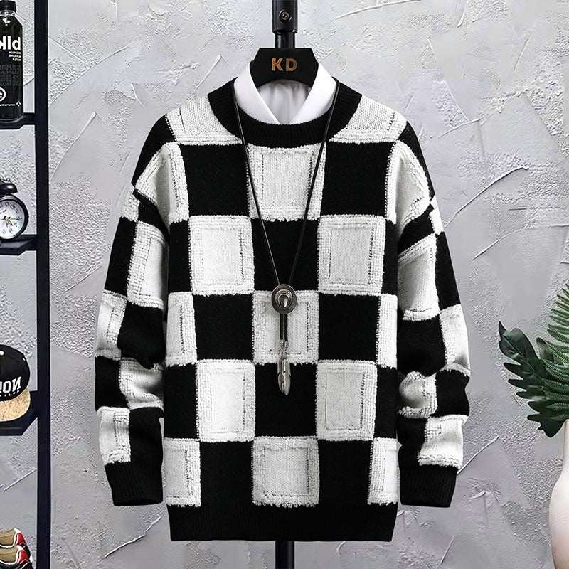 Men's trendy loose plaid round neck sweater