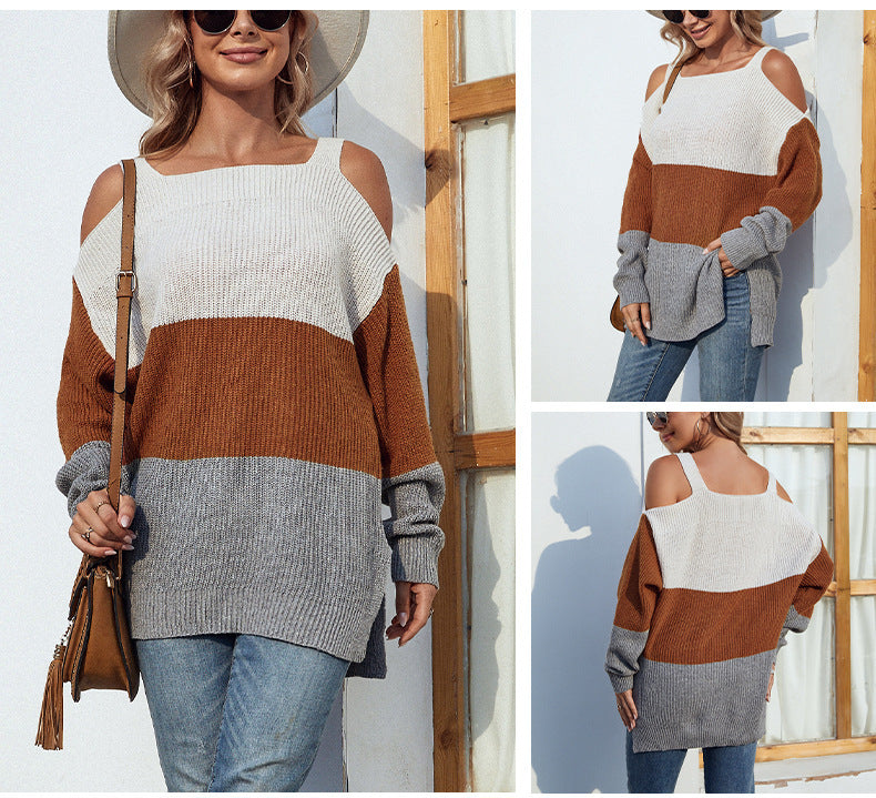 Contrast color women's off-the-shoulder sweater