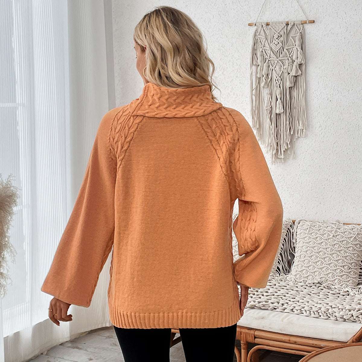 Women's casual turtleneck sweater with twisted weaving and princess sleeves