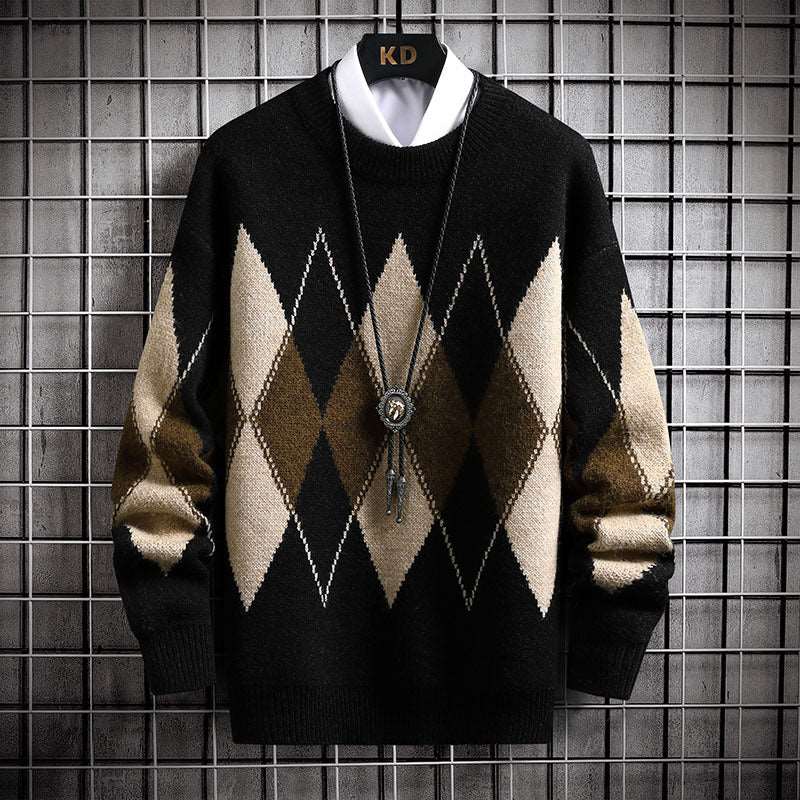 Men's loose plaid trend round neck sweater