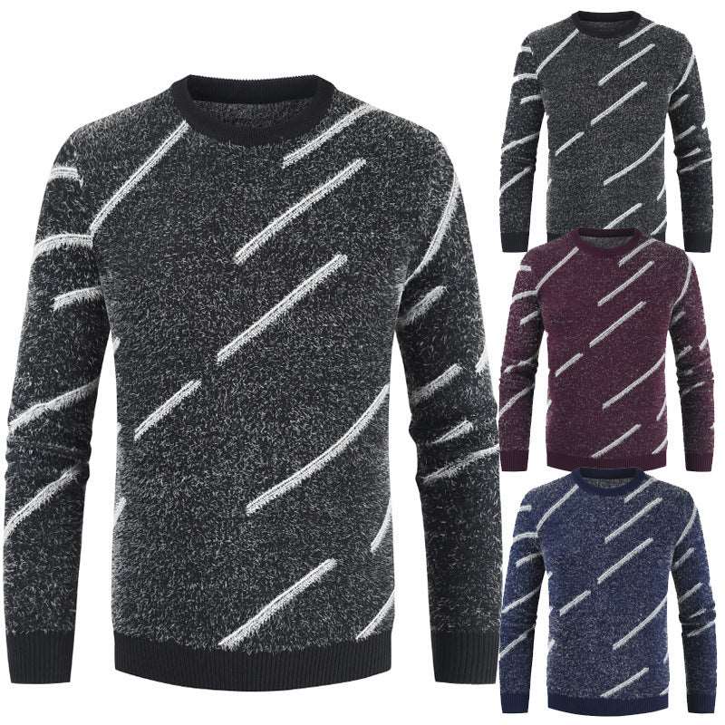 Men's slim-fit mohair sweater with a round neck and parallel lines pattern