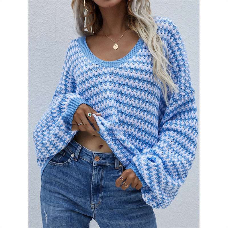 "Striped V-neck Women's Sweater."