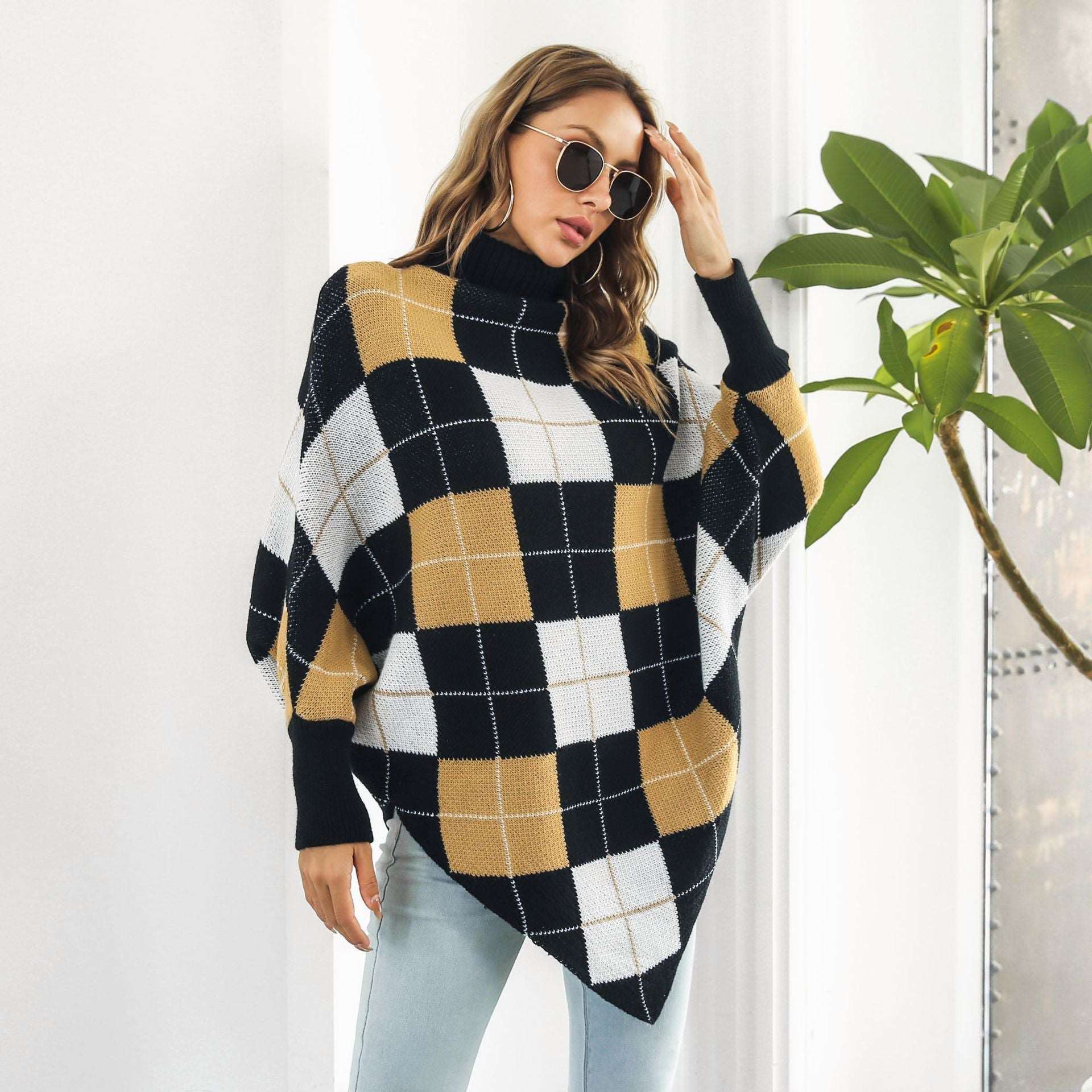 "Women's mid-length plaid jacquard cape sweater coat."