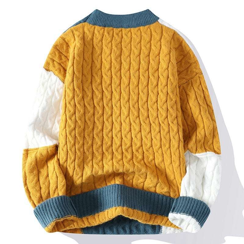 Men's crew neck pullover sweater with color contrast patchwork