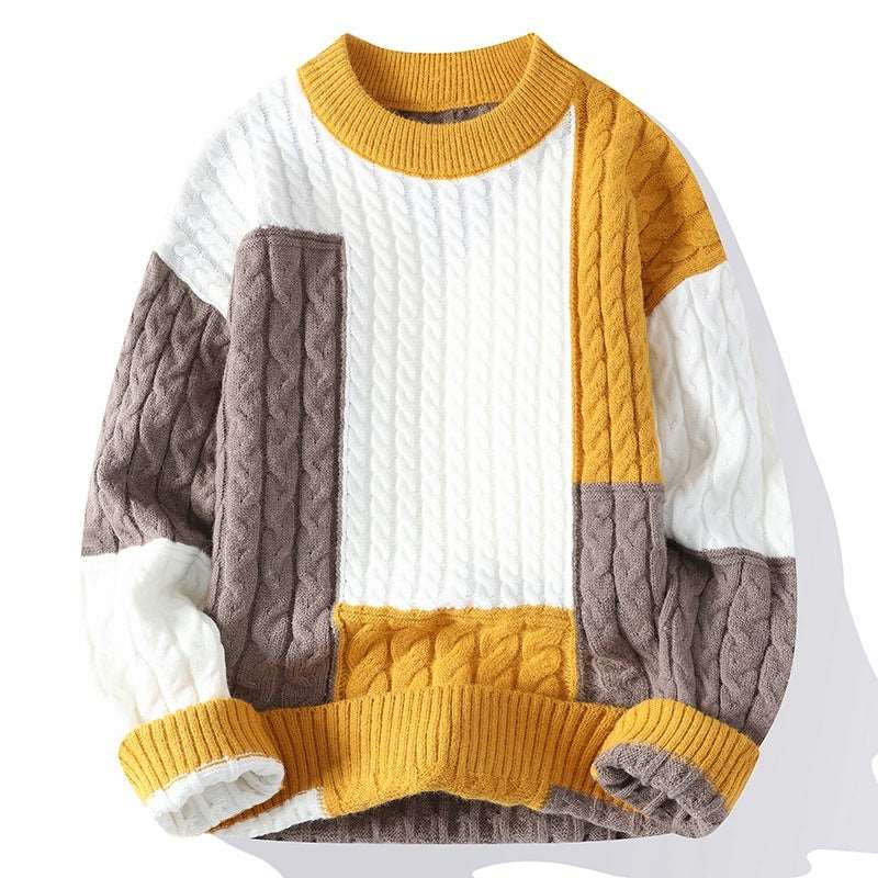 Men's crew neck pullover sweater with color contrast patchwork