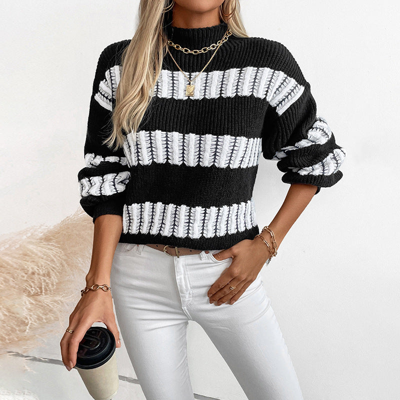 Women's casual half-turtleneck sweater with color-matching design