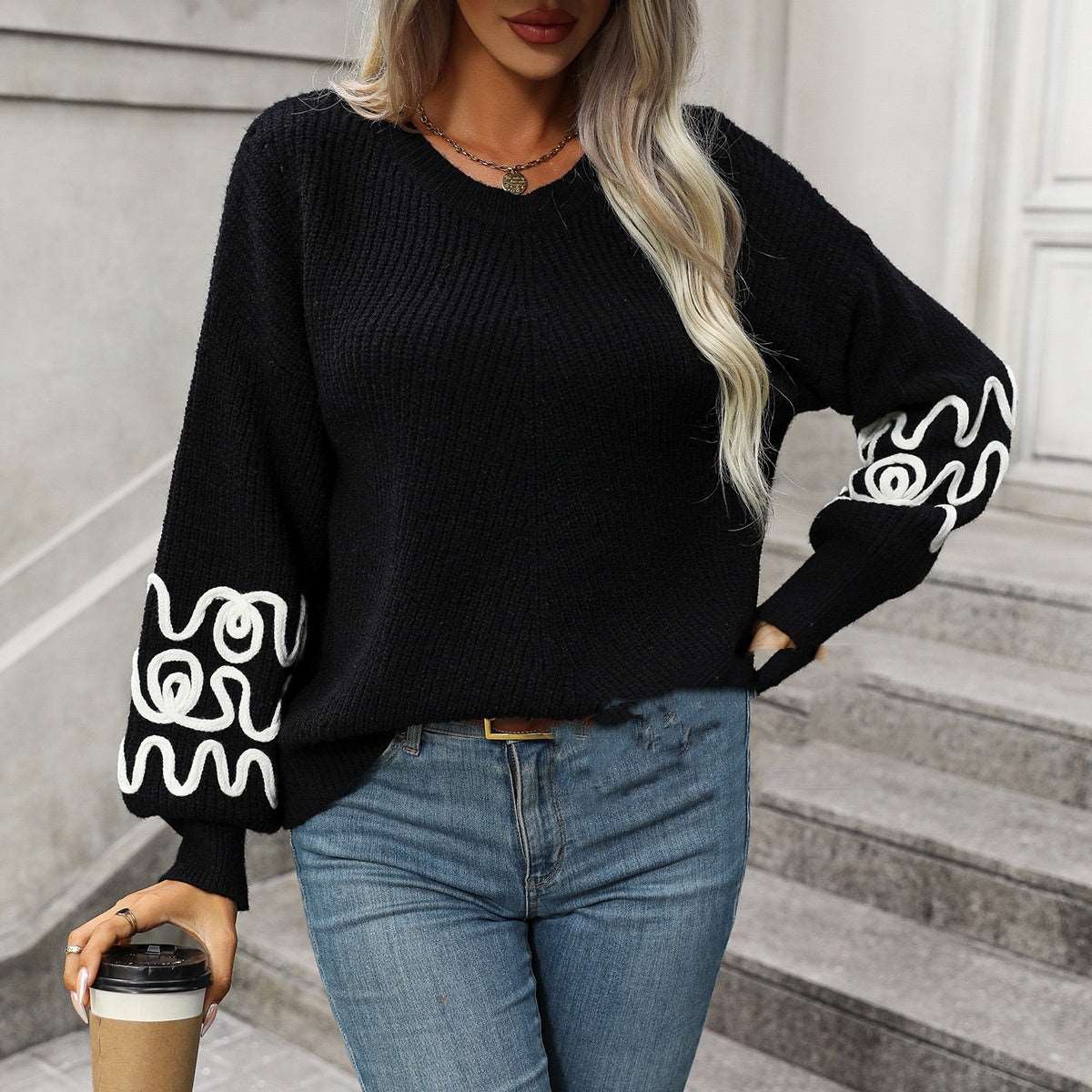 "Women's knitwear solid color pattern sweater."