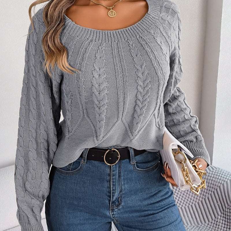 Leisure solid colour twist long sleeve knitted sweater for women's