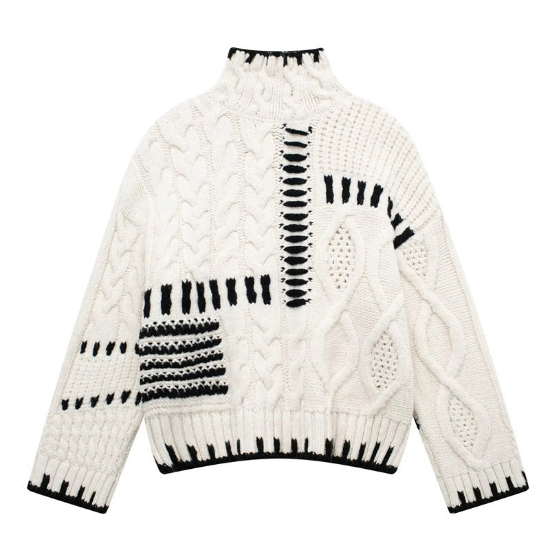 Women's preppy casual turtleneck sweater with a mix of embroidery and decorative patterns