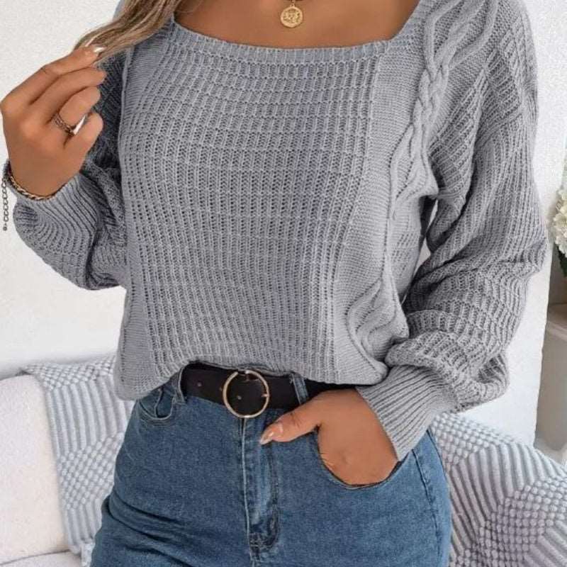 "Square collar cable-knit sweater for women, a fashionable acrylic pullover top."